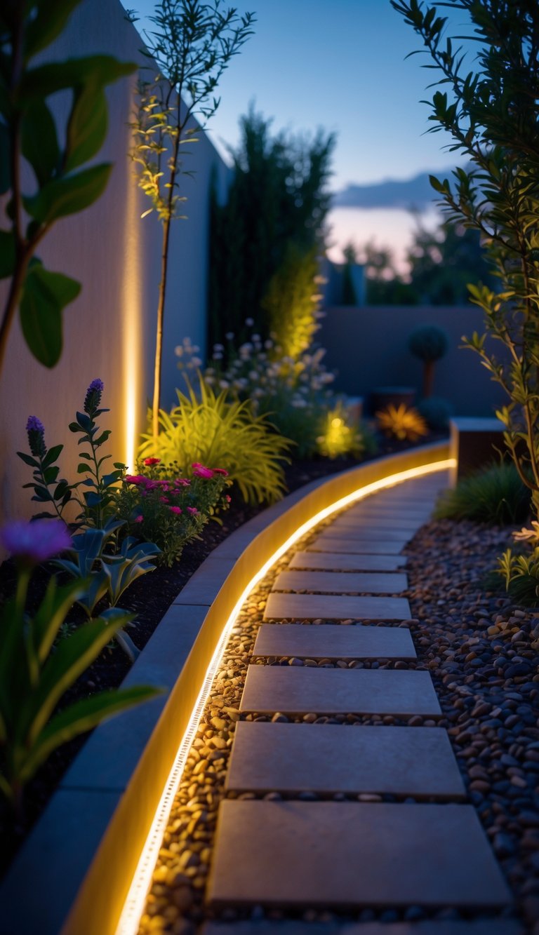 A narrow garden pathway lit by soft lights along its edges, surrounded by plants and flowers during dusk.